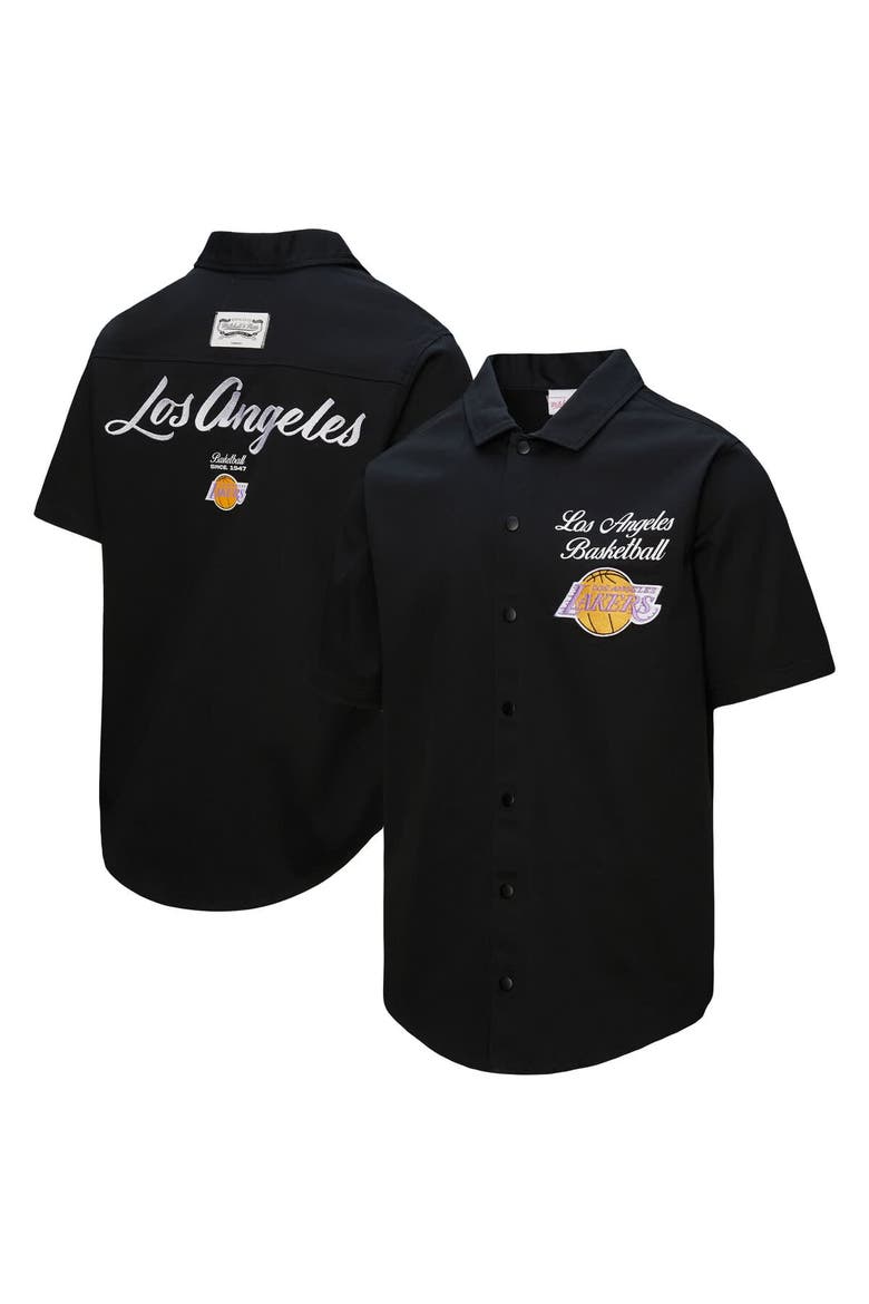 Men's Mitchell & Ness Black Los Angeles Lakers Hardwood Classics Camp Shirt, Alternate, color, Black