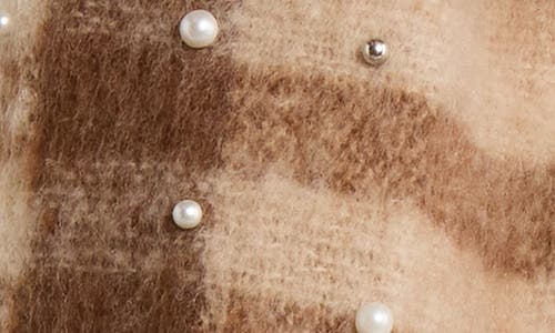 Nanette Lepore Faux Pearl Plaid Fuzzy Scarf In Brown