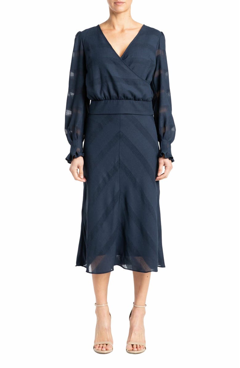 Santorelli ALDI Long Sleeve Faux Wrap Blouse in Striped Linen, Alternate, color, 