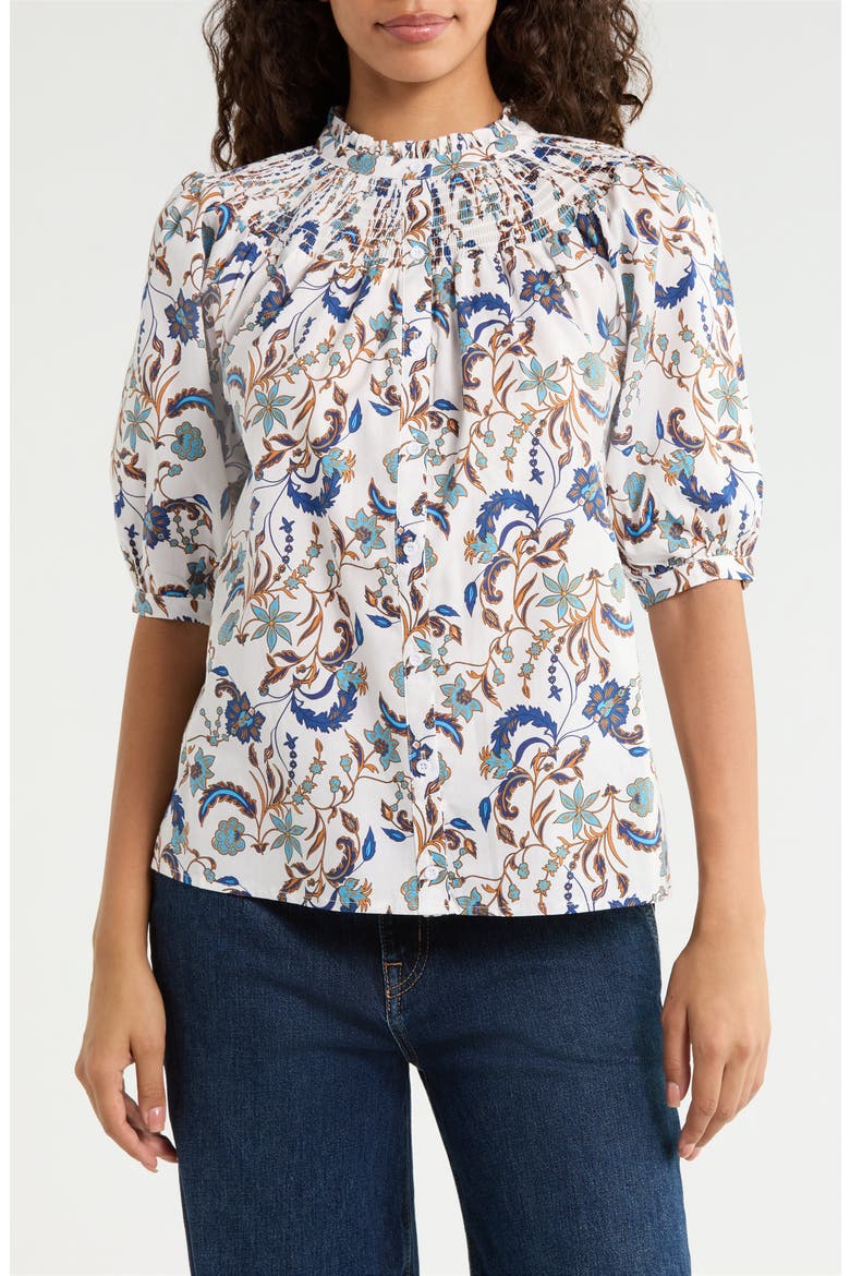 Ralston Smocked Floral Cotton Button-Up Top, Main, color, OFF-WHITE-MULTI