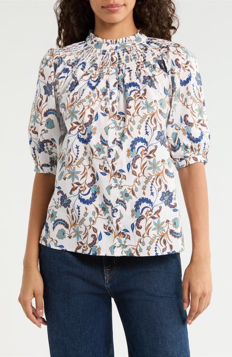 Ralston Smocked Floral Cotton Button-Up Top