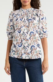 SUGARLIPS Ralston Smocked Floral Cotton Button-Up Top