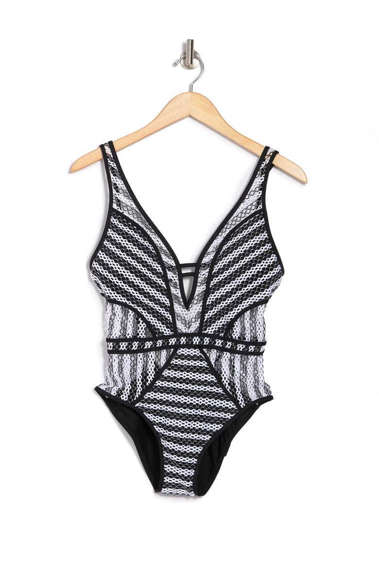 Reveal Plunge One-Piece Swimsuit, Alternate, color, BAW