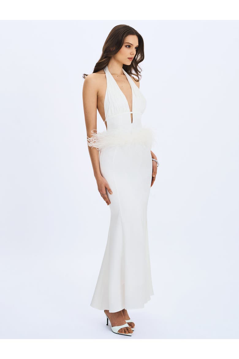 Solene Pleated Halter Backless Faux Feather Trim Maxi Dress, Alternate, color, White