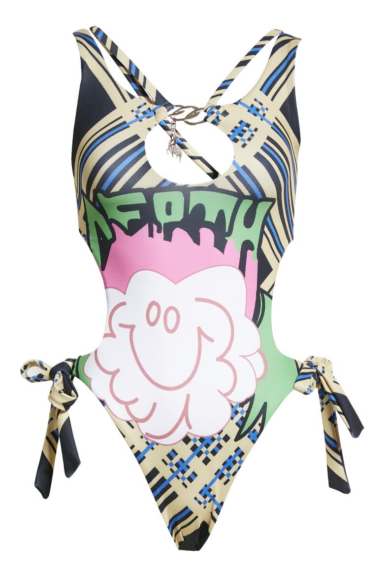 Happy Death Cloud Cutout One-Piece Swimsuit, Alternate, color, BLACK/ GREEN/ PINK MULTI