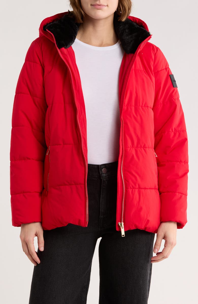 CALVIN KLEIN PERFORMANCE Faux Fur Lined Hood Puffer Jacket, Alternate, color, Red Light / Black