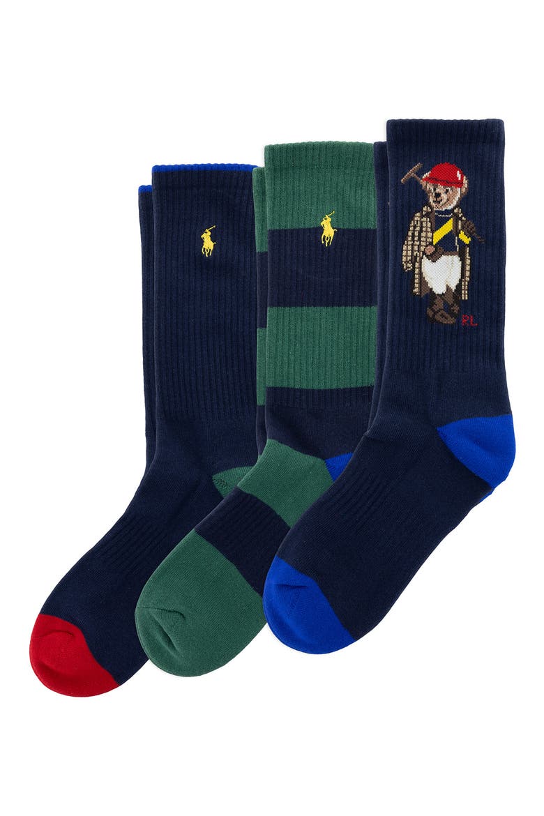 Assorted 3-Pack Polo Society Bear Crew Socks, Main, color, NAVY