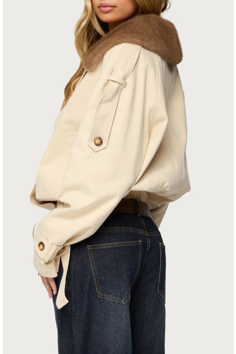 Crop Cotton Trench Coat with Removable Faux Fur Collar, Alternate, color, BEIGE