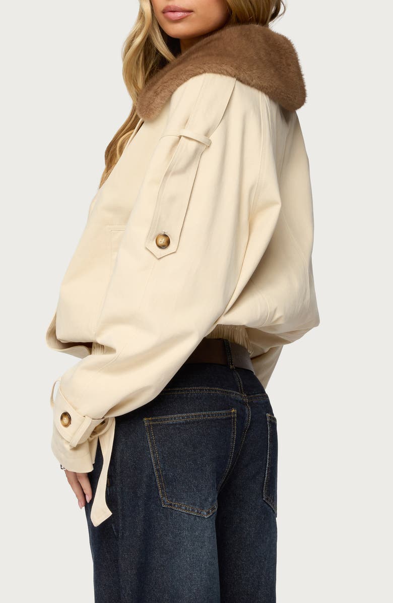 EDIKTED Crop Cotton Trench Coat with Removable Faux Fur Collar, Alternate, color,