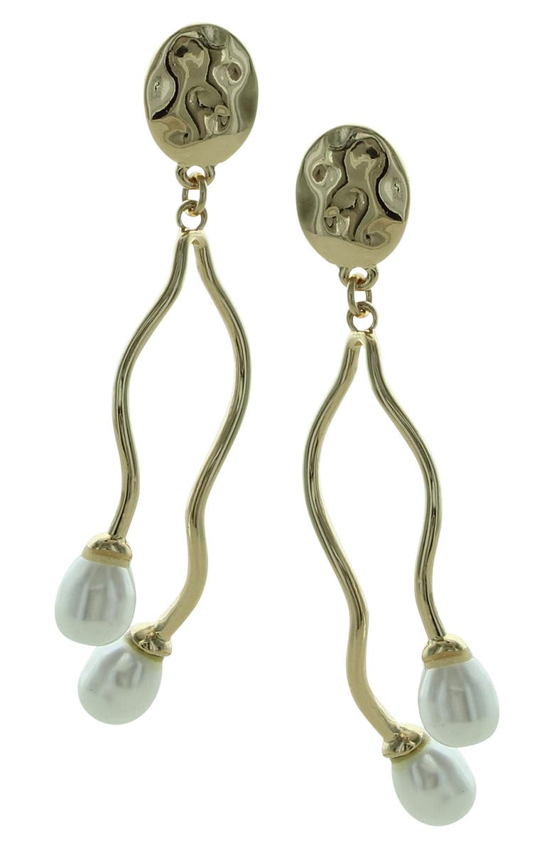OLIVIA WELLES Adina Curve Faux Pearl Drop Earrings, Main, color, Gold