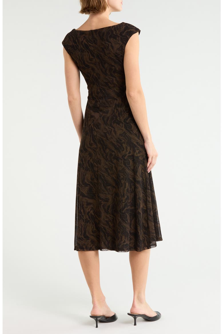 Marbleized Print Shirred Waist Mesh Midi Dress, Alternate, color, BRONZE