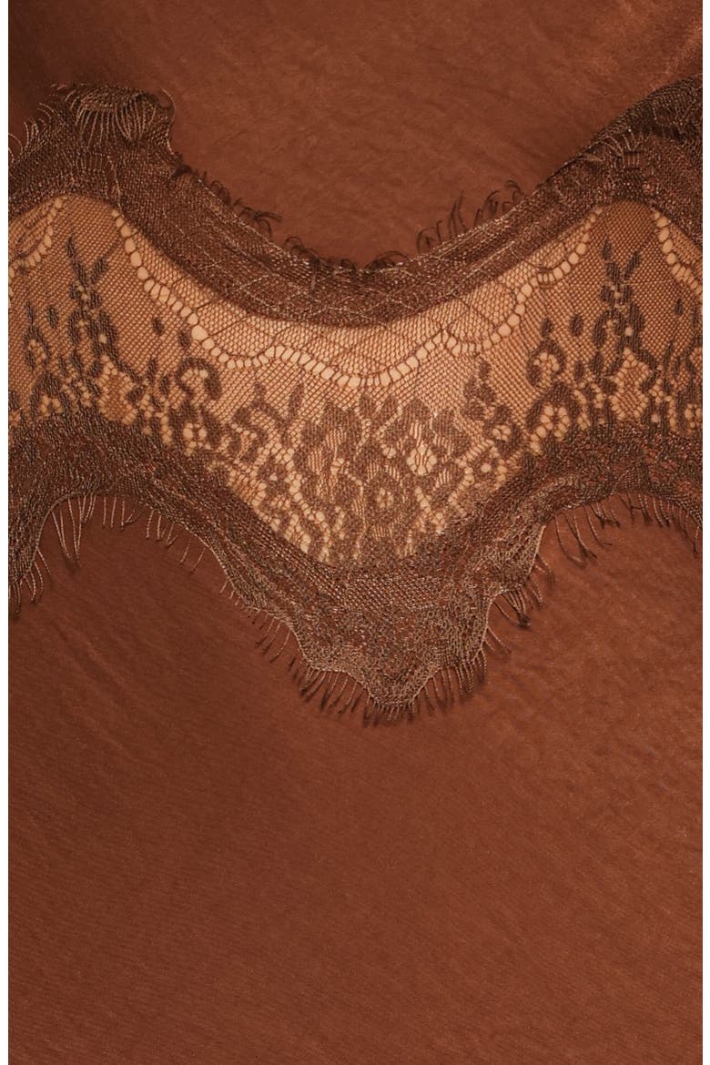 Belmont Lace Trim Satin Midi Dress, Alternate, color, BROWN