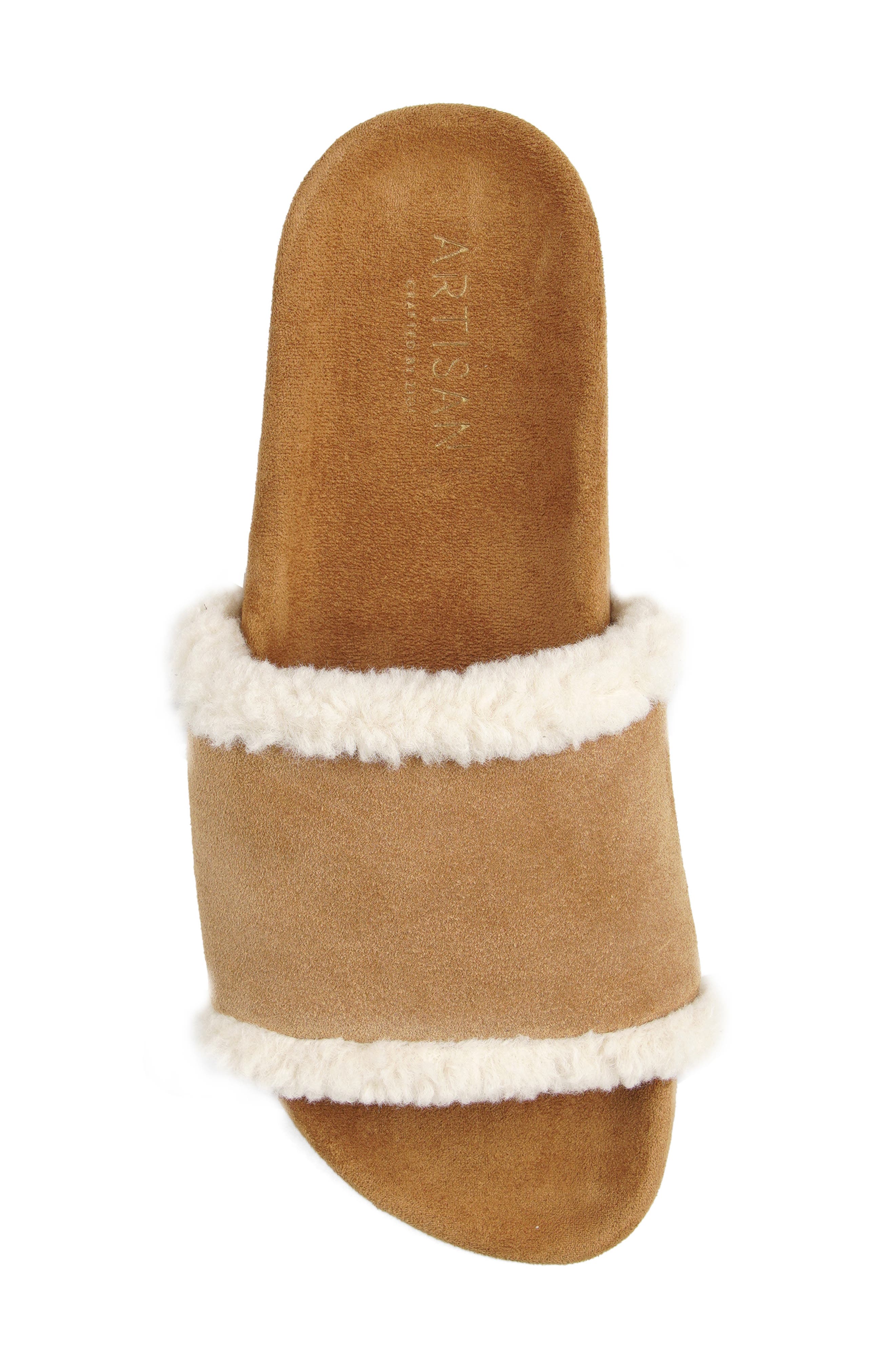 Tawney Faux Fur Trim Slide Sandal, Alternate, color, TAN SUEDE