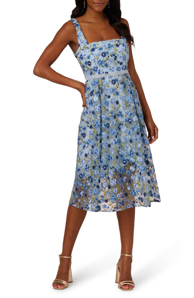 Adrianna Papell Floral Embroidered Lace Trim Midi Dress, Main, color, Blue Multi