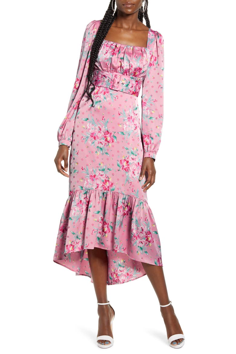 Floral Belted Bustier Long Sleeve Satin Ruffle Dress, Main, color, PINK FLORAL DOT JACQUARD