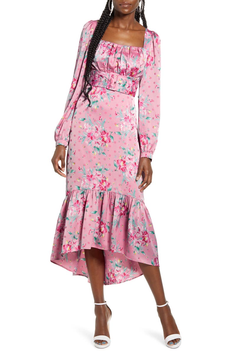 WAYF Floral Belted Bustier Long Sleeve Satin Ruffle Dress, Main, color,