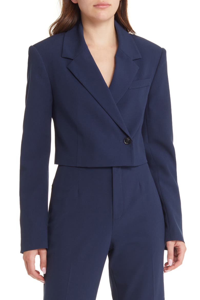 Strong Shoulder Crop Blazer, Main, color, NAVY