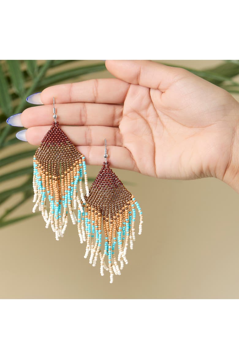 Beaded Fringe Earrings in Turquoise and Brown Ombre, Alternate, color, Turquoise/Brown