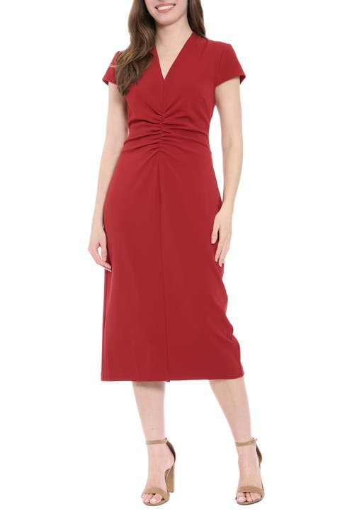 V-Neck Cap Sleeve Ruched Midi Sheath Dress