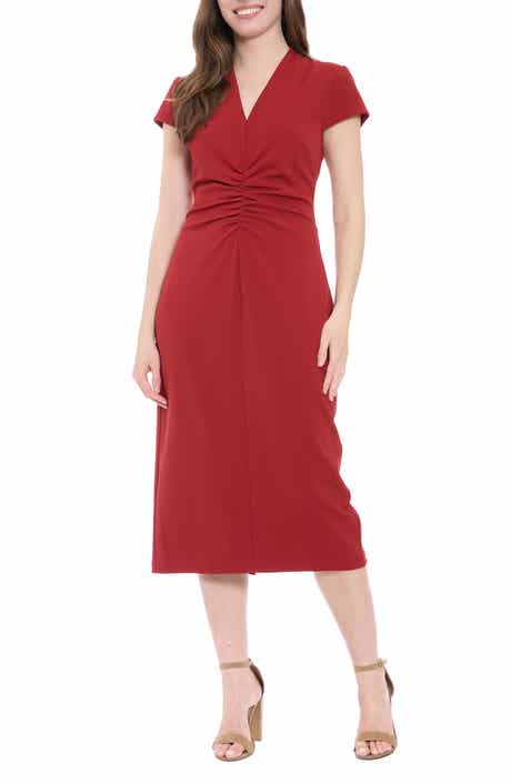 London Times V-Neck Cap Sleeve Ruched Midi Sheath Dress