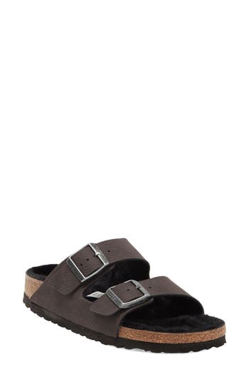 Birkenstock Arizona Genuine Shearling Lined Slide Sandal In Black/ Black