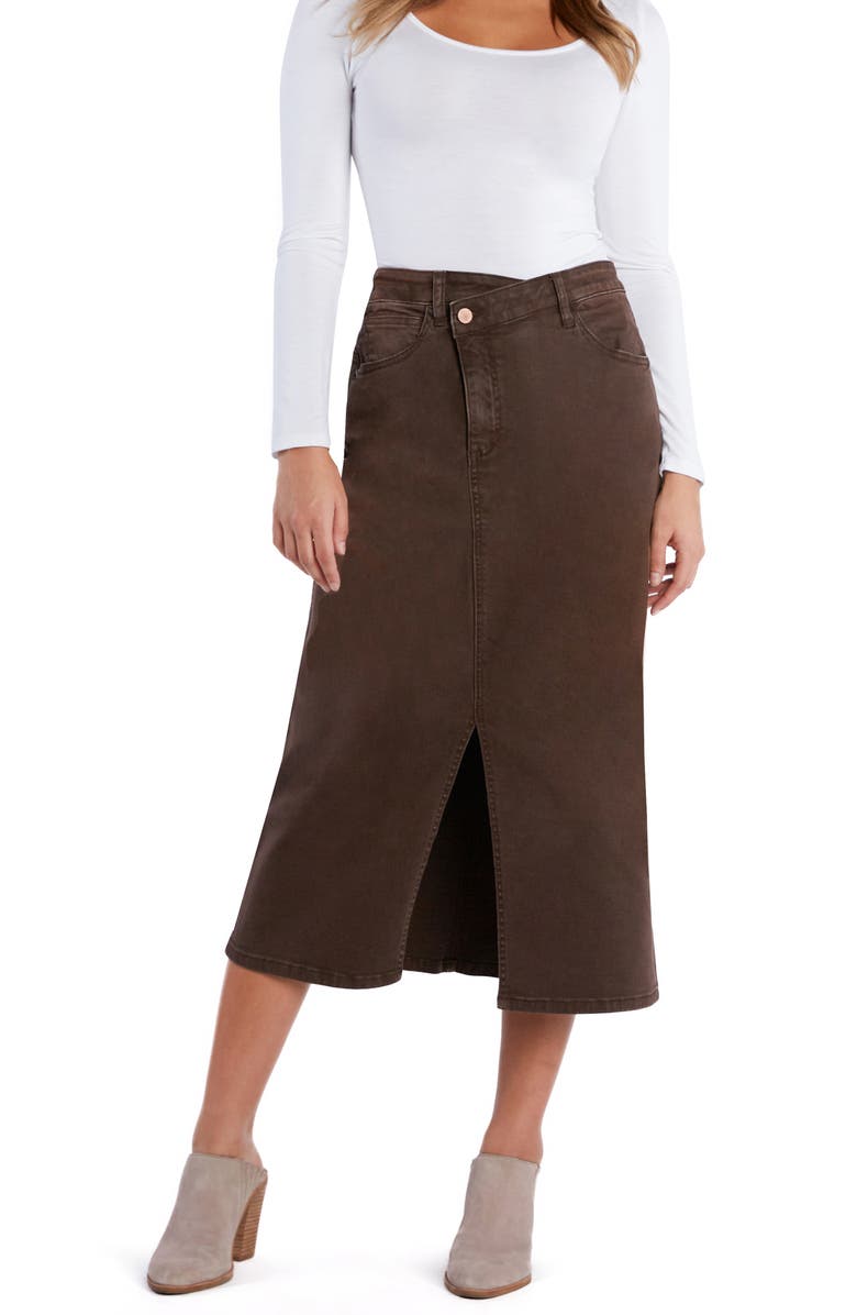 Wash Lab Denim Emmeline Crossover Waist Denim Midi Skirt, Alternate, color, Espresso