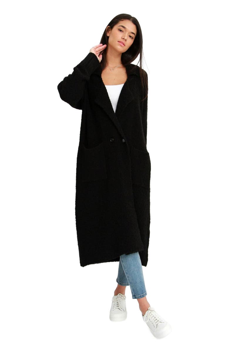 Belle & Bloom Born To Run Sustainable Sweater Coat, Alternate, color, Black