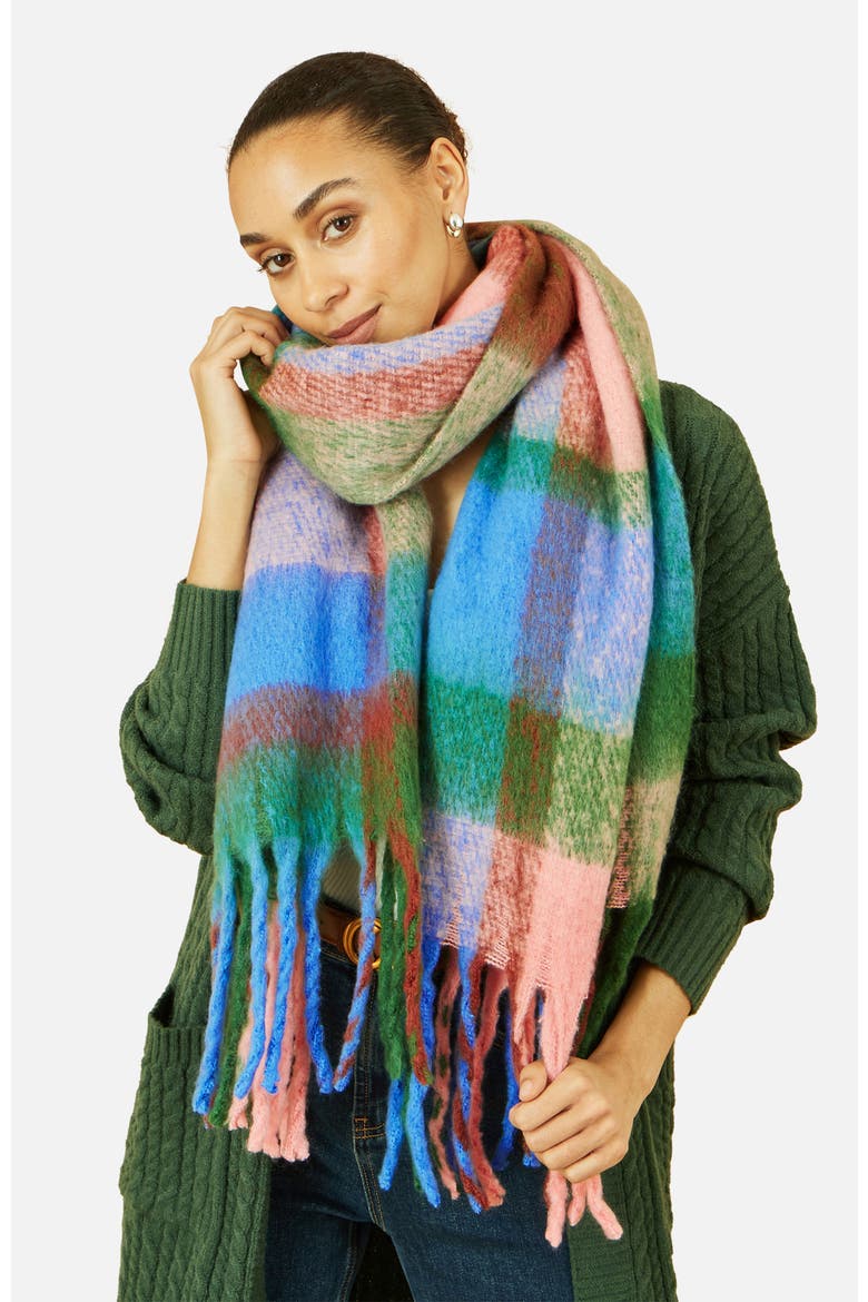 Oversize Fringe Checked Scarf, Alternate, color, Blue