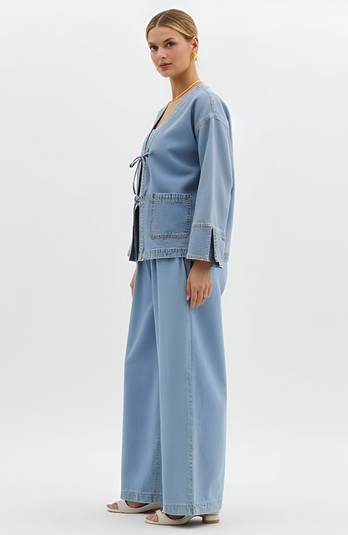 Modenaire Tie-front Denim Jacket With Patch Pockets In Blue