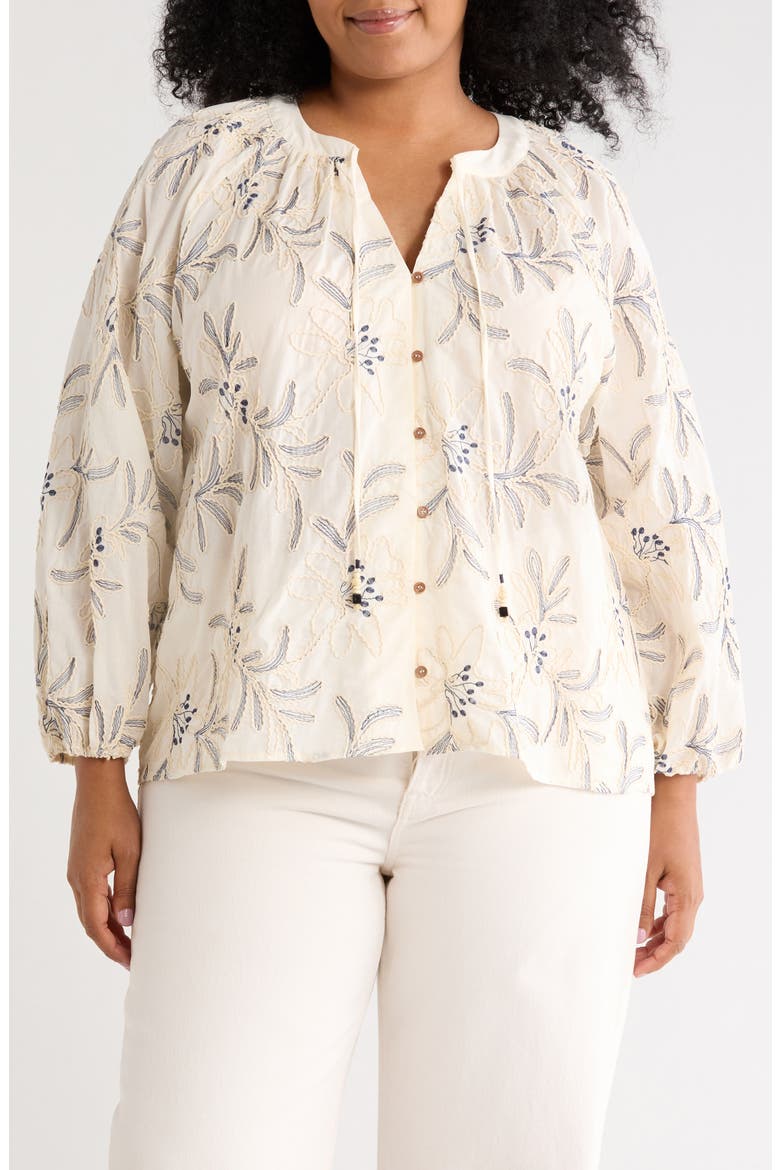 Embroidered Long Sleeve Cotton Top, Main, color, CREAM/ DEEP BLUE