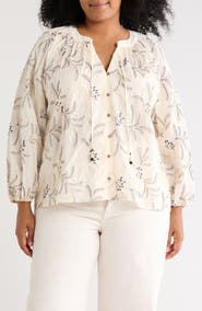 T Tahari Embroidered Long Sleeve Cotton Top