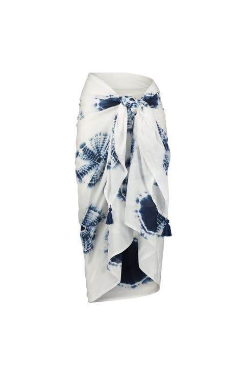 Cotton Saline Pareo White Indigo Tie-Dye