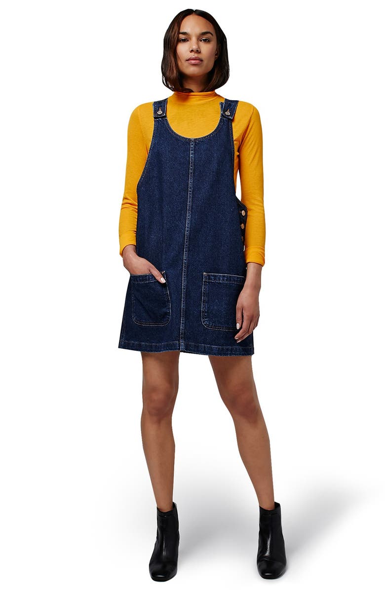 Topshop Patch Pocket Denim Pinafore Dress, Alternate, color,