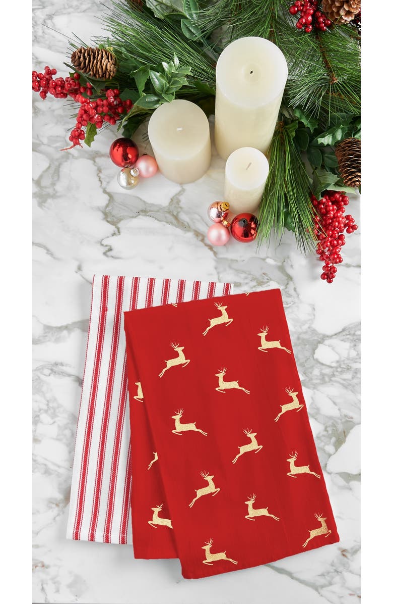C&F Home Glistening Gold "Merry Christmas" Reindeer 100% Cotton Dishtowel Set of 3, Alternate, color, Red