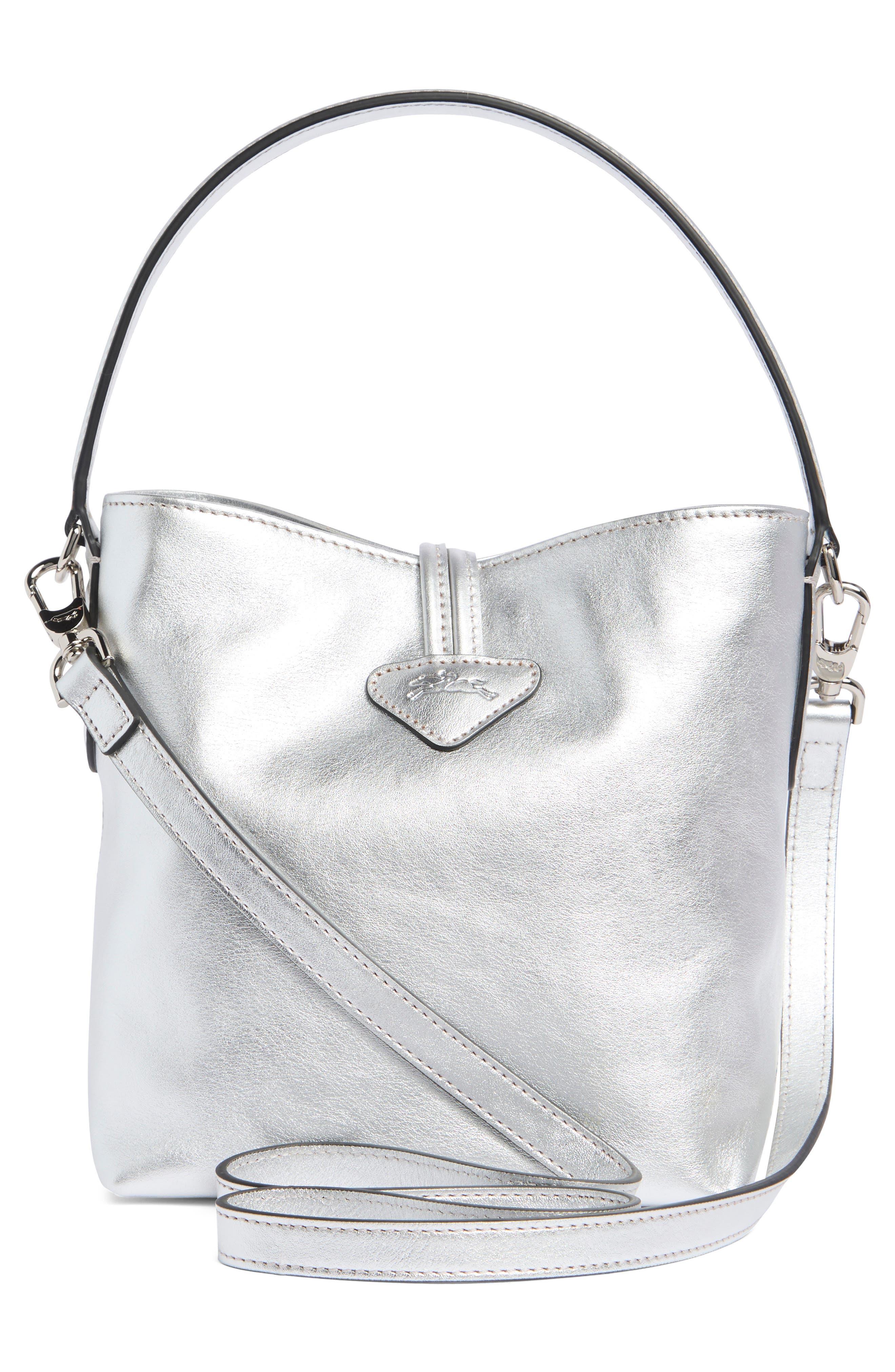 Longchamp Le Roseau Metallic Leather Bucket Bag, Alternate, color, Silver