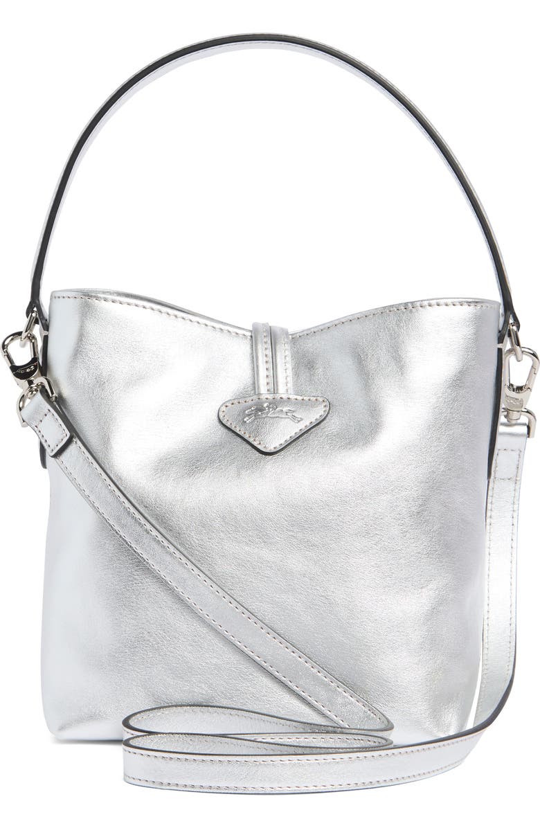 Longchamp Le Roseau Metallic Leather Bucket Bag, Alternate, color, Silver