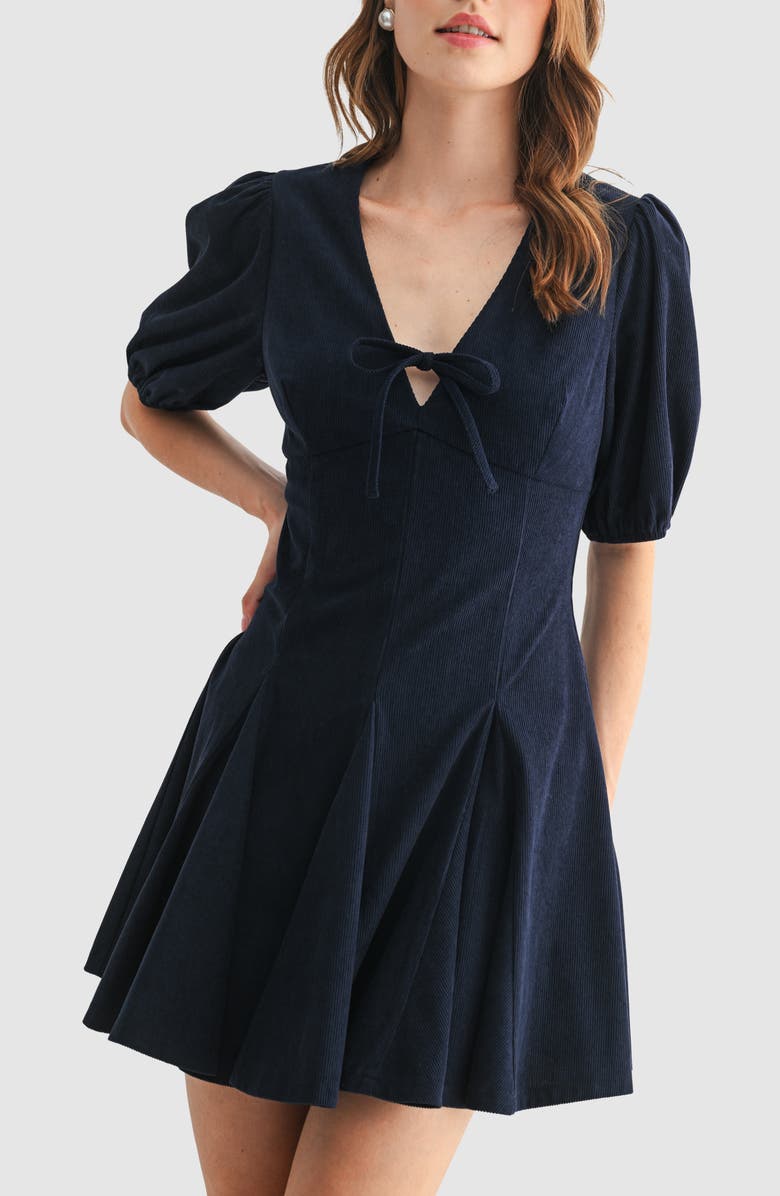 Lush Tie Front Puff Sleeve Corduroy Minidress, Alternate, color, Navy