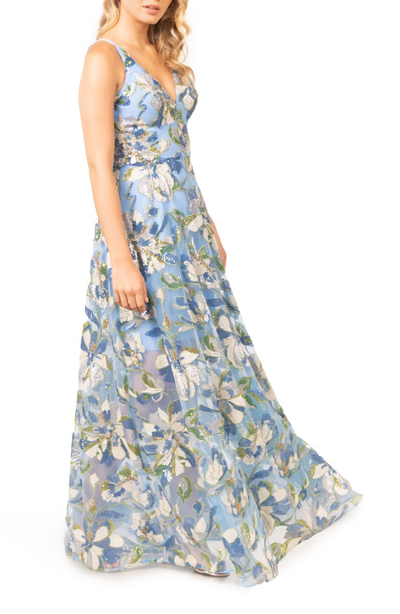 Dress the Population Ariyah Floral Sequin Gown, Alternate, color, Sky Blue Multi