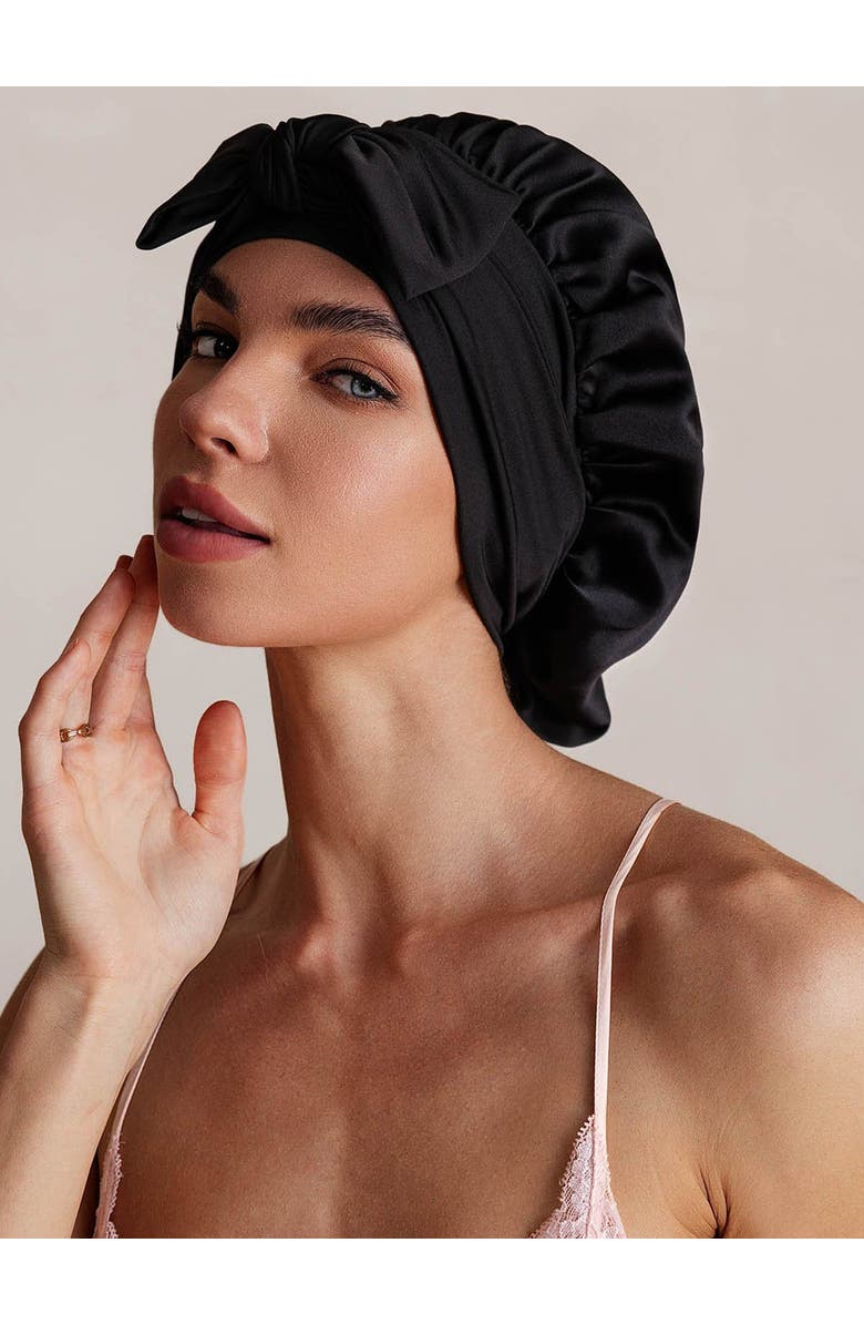 SILKSILKY Pure Silk Bowknot Tie Bonnet, Alternate, color, Black