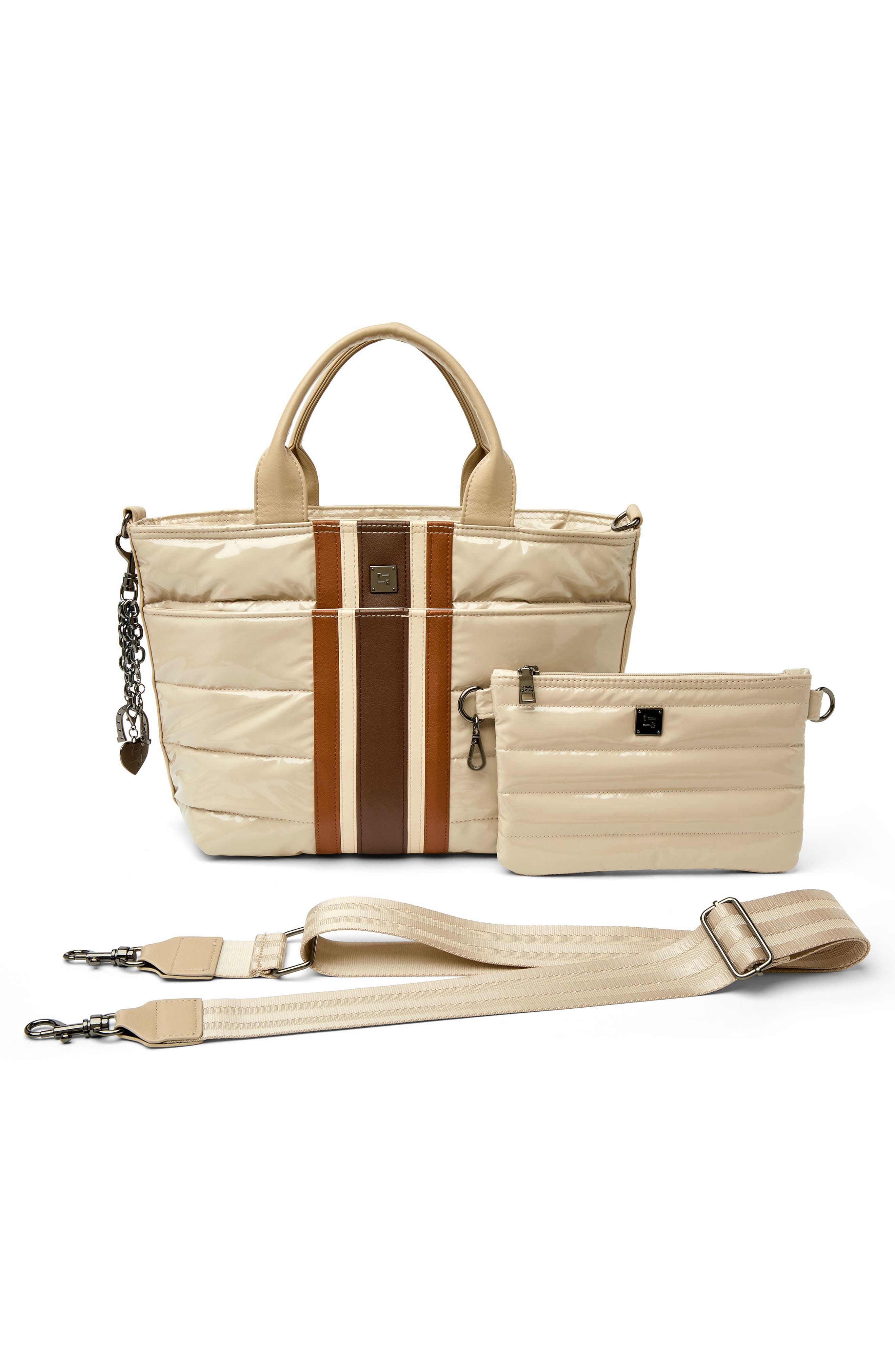 THINK ROYLN Getaway Quilted Puffer Tote, Alternate, color, Blonde Patent And Colorblock