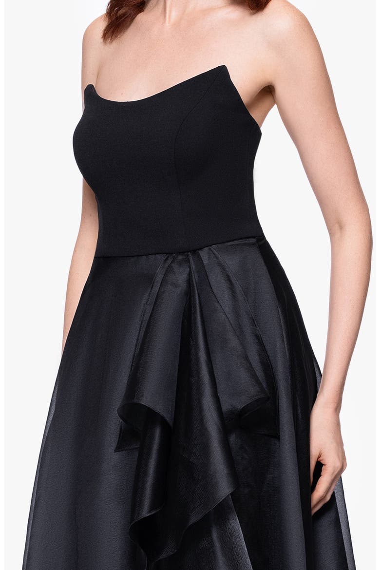 Ruffle Strapless Mixed Media Gown, Alternate, color, BLACK