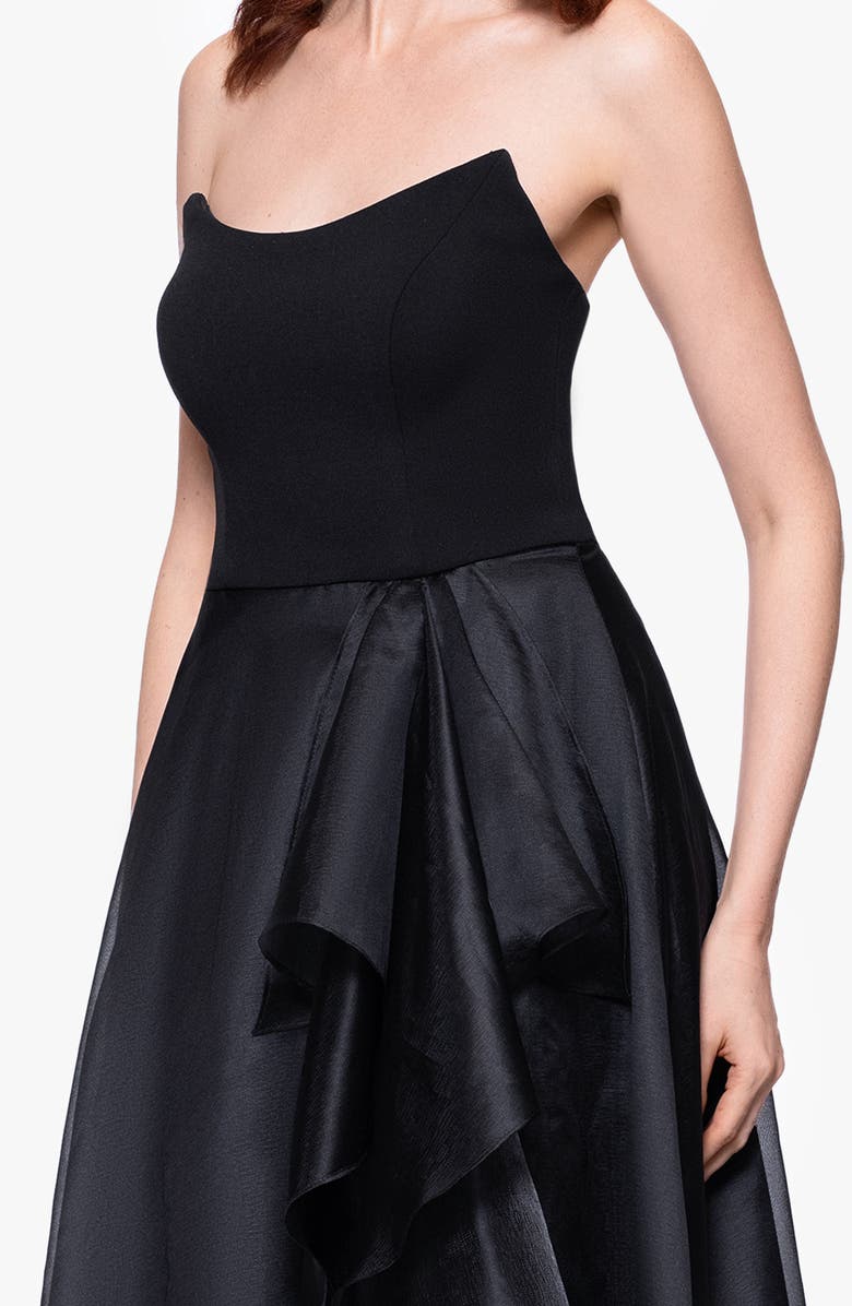 Betsy & Adam Ruffle Strapless Mixed Media Gown, Alternate, color, Black