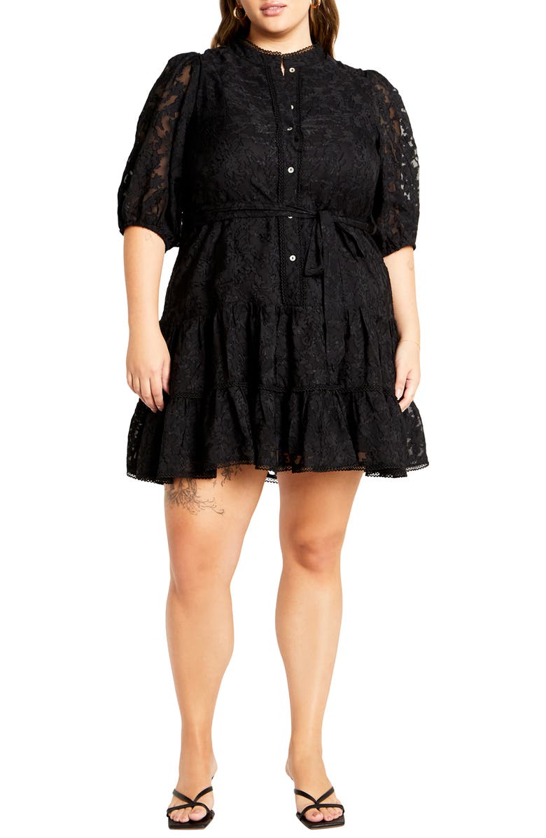 City Chic Chrissa Floral Puff Sleeve Tiered Minidress, Main, color, Black
