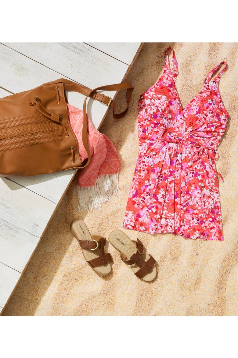 Lightweight Faux Wrap Petal Hem Swimdress, Alternate, color, Coral Blooms