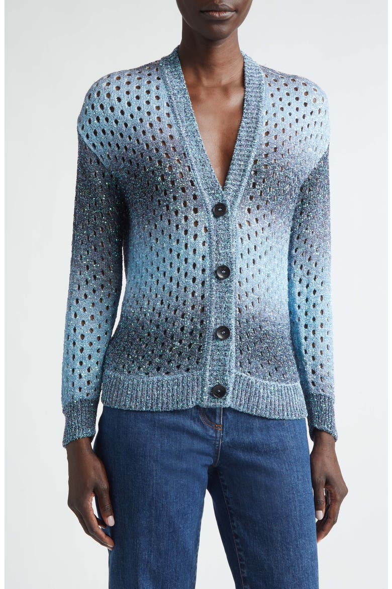 Sequin Embellished Open Stitch Ombré Cardigan, Main, color, BLUE