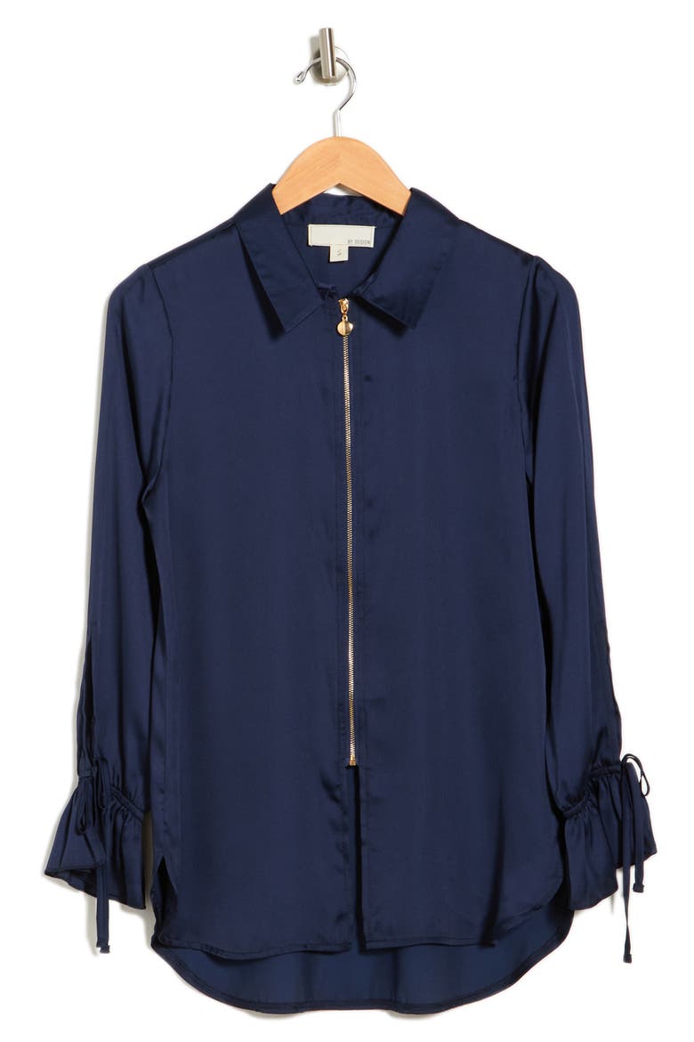Italia Front-zip Silk Collared Blouse, Alternate, color, BLACK IRIS NAVY