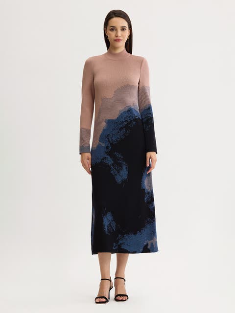 Landscape Mock Neck Knit Maxi Dress
