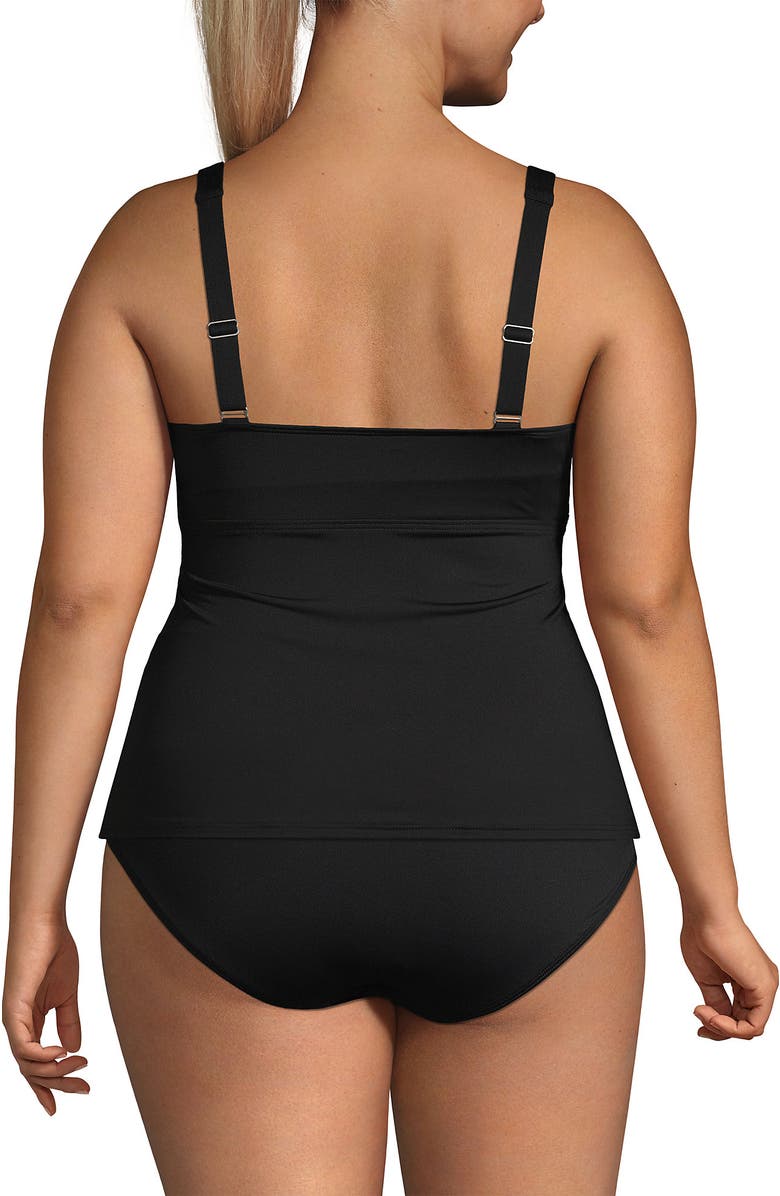Lands' End Chlorine Resistant Tummy Control V-Neck Wrap Underwire Tankini Top Swimsuit, Alternate, color, Black