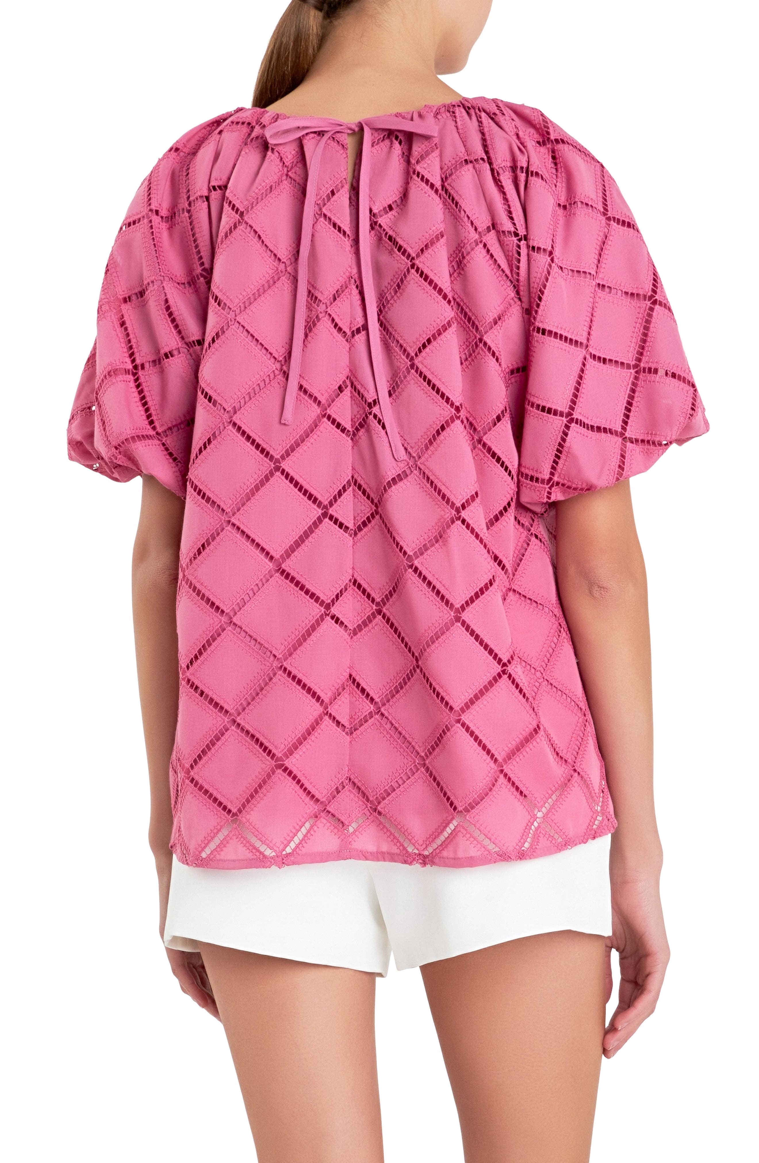 Embroidered Tie Back Puff Sleeve Top - image 2