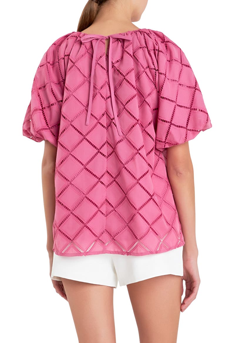 Embroidered Tie Back Puff Sleeve Top, Alternate, color, BERRY PINK